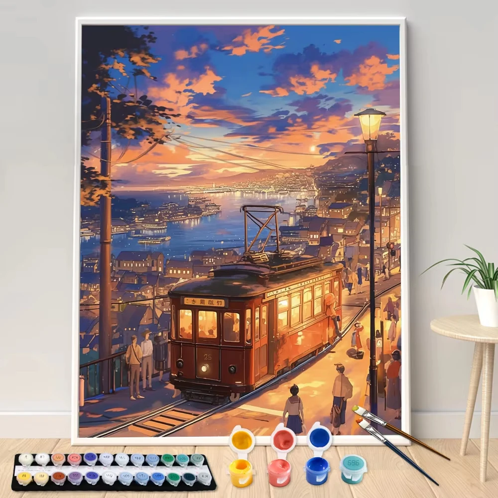 Photography Design - ชุดระบายสีตามตัวเลข DIY ลายรถรางยามค่ำคืน ภาพวาดมือ งานศิลปะ งานฝีมือเพชร